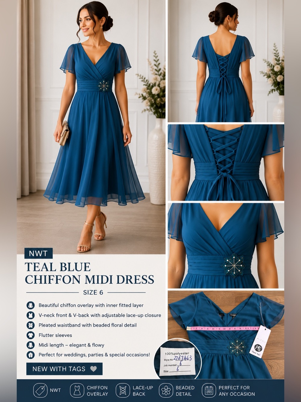 NWT Teal Blue Chiffon Midi Dress Size 6 | Flutter Sleeves | Beaded Waist